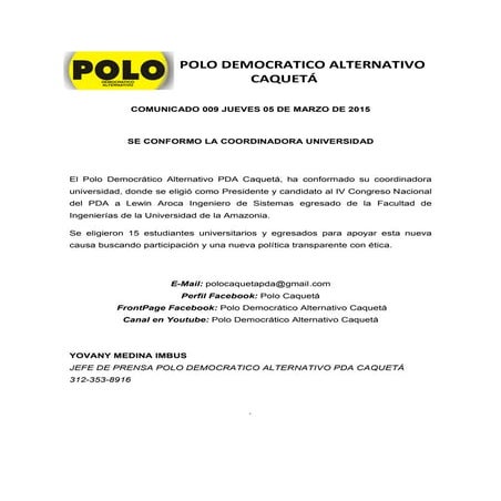 Comunicado de prensa 009-Polo Democrático Alternativo (Caquetá)