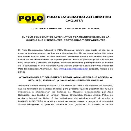 Comunicado de prensa 010-Polo Democrático Alternativo (Caquetá)