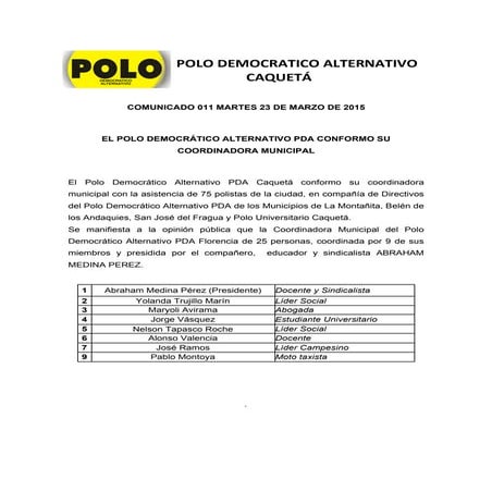 Comunicado de prensa 011-Polo Democratico Alternativo (Caquetá)
