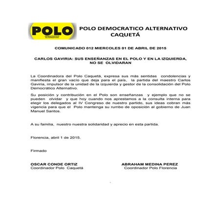 Comunicado de prensa 012-Polo Democratico Alternativo (Caquetá)