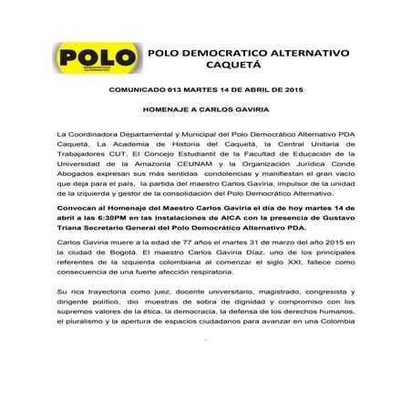 Comunicado de prensa 013-Polo Democratico Alternativo (Caquetá)