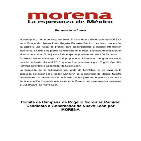 Comunicado de prensa de morena 5 mayo