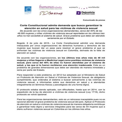 Comuniado demanda q presentamos xra garantizar atención salud a víctimas viol...