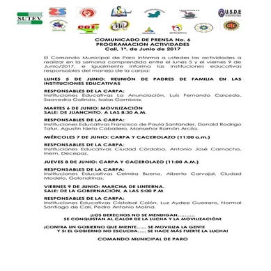 Comunicado de prensa no 6 comando mpal. paro programacion actividades paro na...