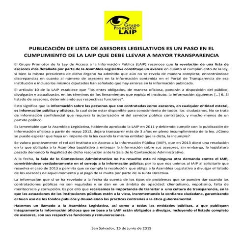Publicación de lista de asesores legislativos es un paso en el cumplimiento d...