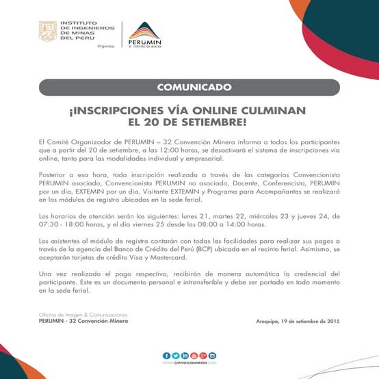 Comunicado: ¡Inscripciones vía online culminan el 20 de setiembre!