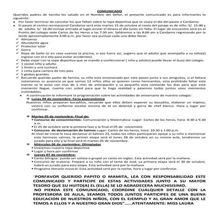 Comunicado paseo y aniversario