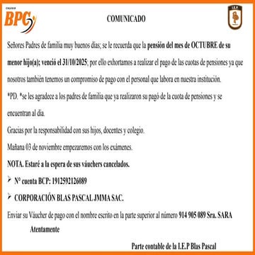 COMUNICADO PENSIONES DE COLEGIO PARA DITAR