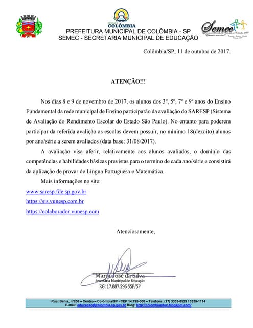 Comunicado saresp