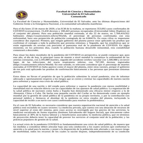 Comunicado ues facultad ciencias y  humanidades sobre la gestión de Pandemia ...