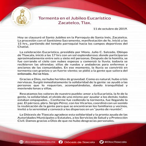 Tormenta en el Jubileo Eucarístico  Zacatelco, Tlax.