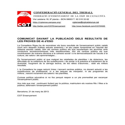 Comunicat davant la publicació de les proves de 4t d'eso