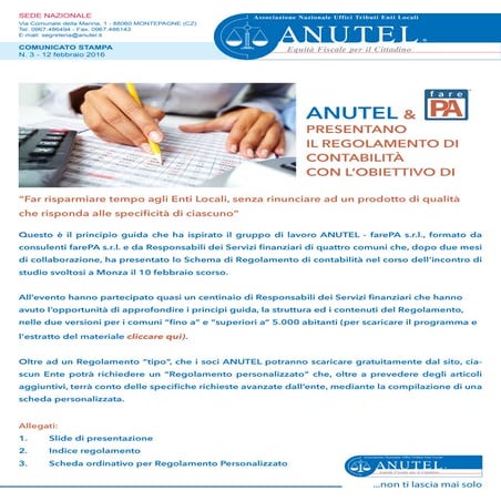 ANUTEL & FARE PA presentano il regolamento di contabilità