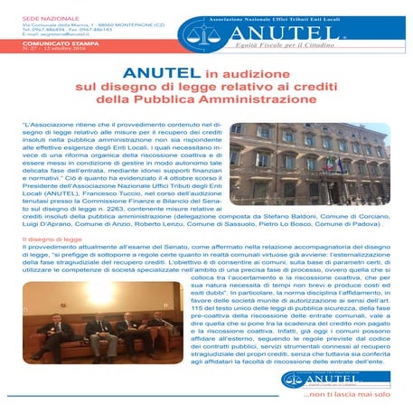 ANUTEL in audizione sul disegno di legge relativo ai crediti della Pubblica Amministrazione