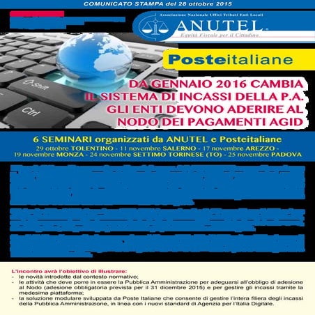 Da gennaio 2016 cambia il sitema di incasso della P.A. gli Enti devono aderire al nodo pagamenti AGID