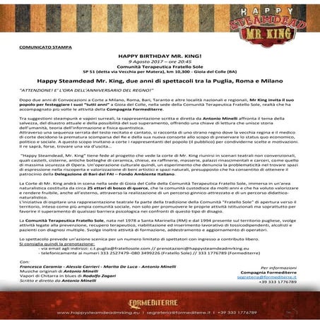 Comunicato stampa happy birthday mr  king gioia del colle 2017
