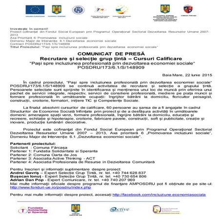 Selectie grup tinta - incluziune profesionala prin economia sociala