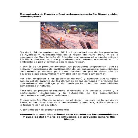 Comunidades de ecuador y perú rechazan proyecto río blanco y piden consulta p...