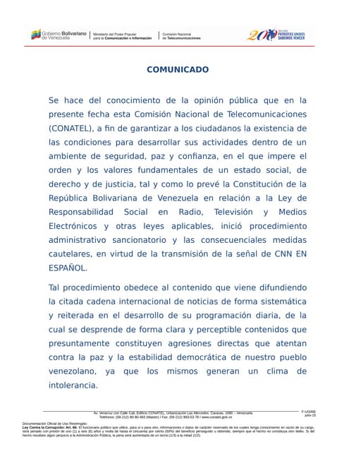 Comunicado Conatel 