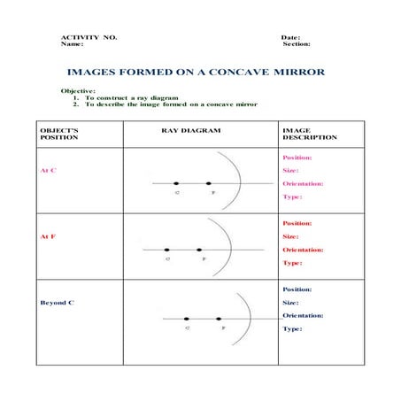  concave mirror activity sheet