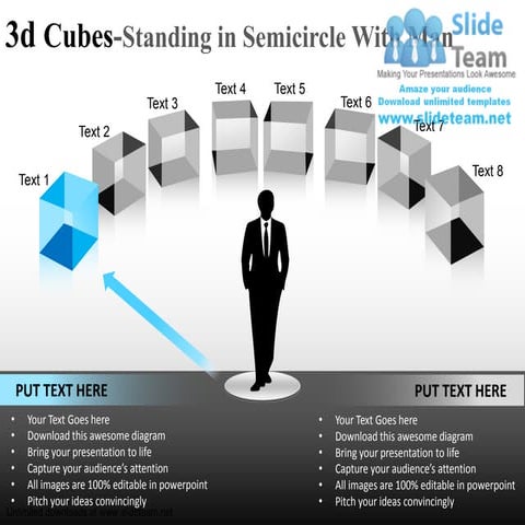 Concept 3 d cube standing in semicircle with man powerpoint slides and ppt di...