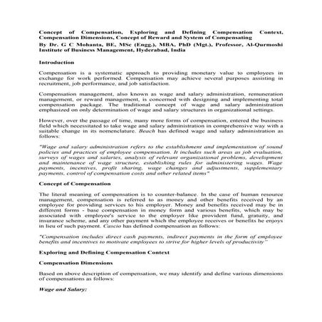 Concept of compensation and reward, compensation dimensions, system of compen...