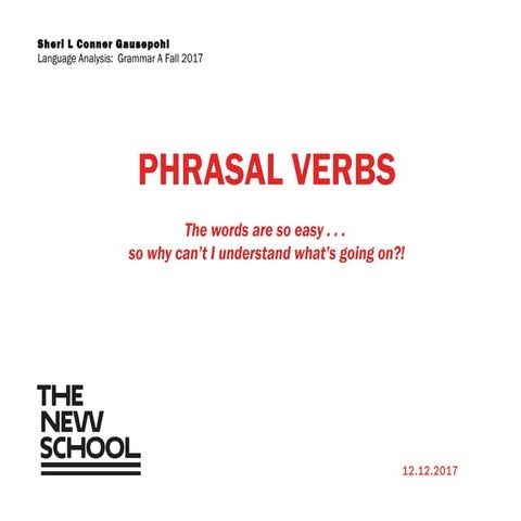 before and after comparison of presentation slides showing improved language with annotated phrasal verbs