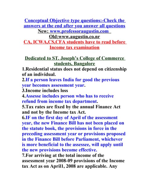 Conceptual  objective questions and answers in Income tax
