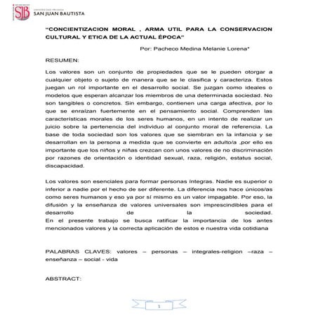 ARTICULO:“CONCIENTIZACION MORAL , ARMA UTIL PARA LA CONSERVACION CULTURAL Y ETICA DE LA ACTUAL ÉPOCA”