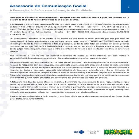 Condições de participação do #Instamission115 - Vacinação contra a gripe
