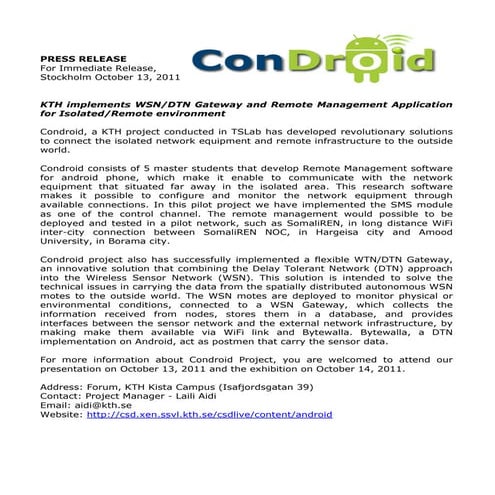 Condroid KTH Summer CSD 2011 - Press Release