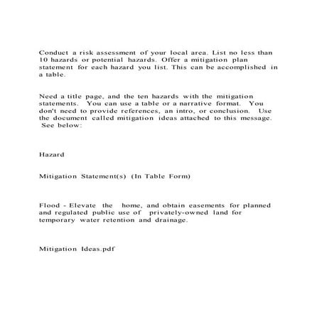 Conduct a risk assessment of your local area. List no less than | DOCX