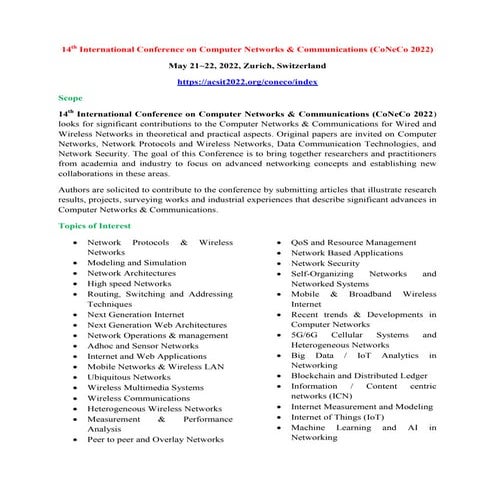 14th International Conference on Computer Networks & Communications (CoNeCo 2...
