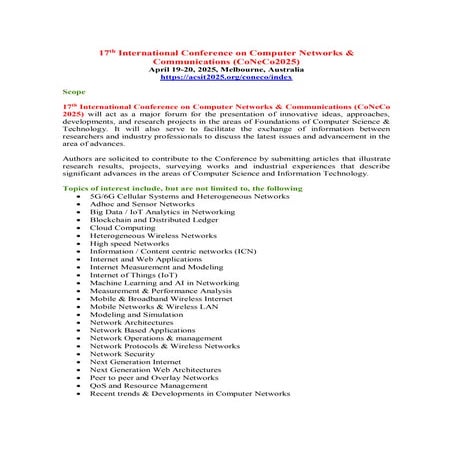 17th International Conference on Computer Networks & Communications (CoNeCo 2...