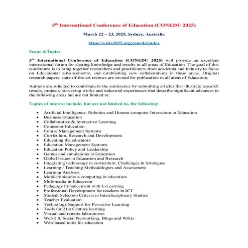 6th International Conference of Education (CONEDU 2026) | PDF