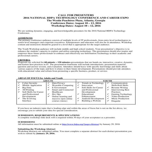 Call For Presenters * 2016  BDPA Technology Conference