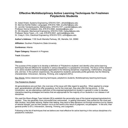 Effective Multidisciplinary Active Learning Techniques for Students