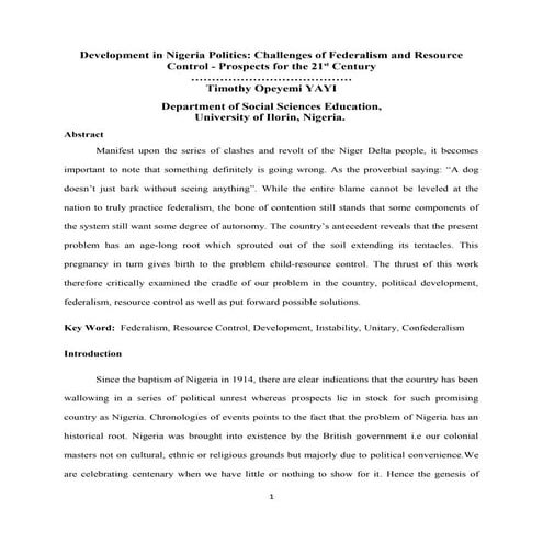 Development in Nigeria Politics: Challenges of Federalism and Resource Contro...