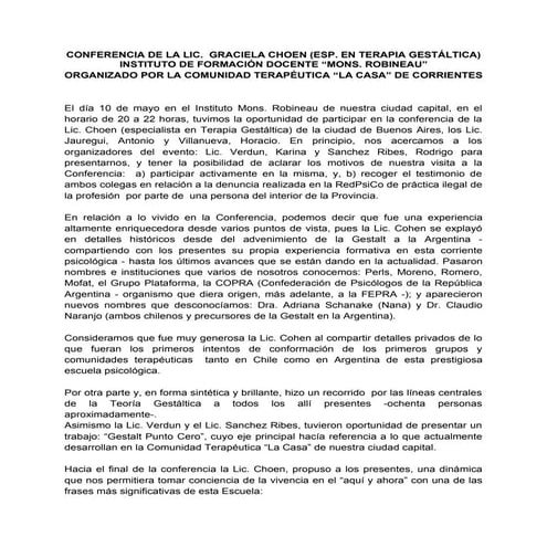 Conferencia de la lic.  graciela choen (esp. en terapia gestáltica)
