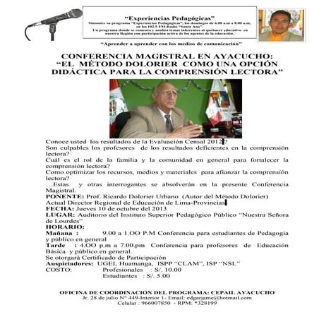 Conferencia Magistral en Ayacucho: “EL  MÉTODO DOLORIER  COMO UNA OPCIÓN DIDÁCTICA PARA LA COMPRENSIÓN LECTORA”