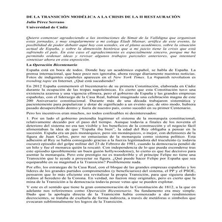 Julio Pérez Serrano: DE LA TRANSICIÓN MODÉLICA A LA CRISIS DE LA II RESTAURACIÓN.  