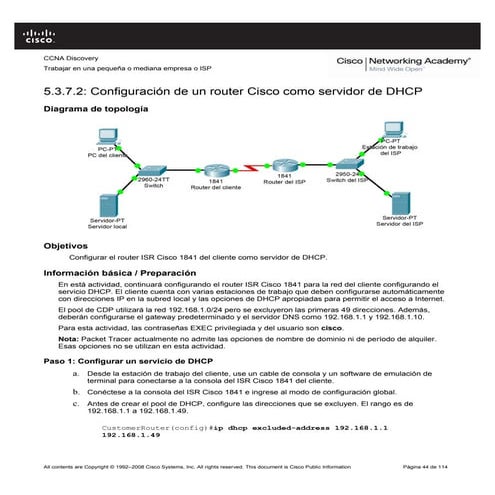 Configuración de un router cisco como servidor de dhcp