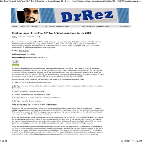 Configuring IntelePeer SIP trunking in Lync server 2010 