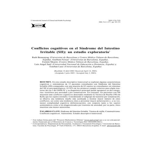 Conflictos cognitivos en síndrome del intestino irritable (SII), un estudio exploratorio