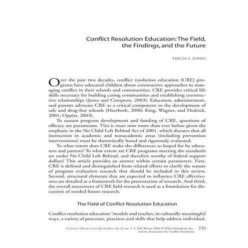 Conflict resolution education the field the findings and the future