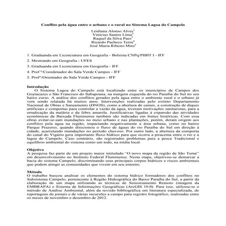 Conflito pela água entre o urbano e o rural no sistema lagoa do campelo