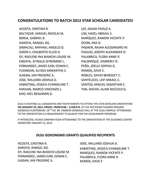 Congratulations to batch 2012 star scholar candidates