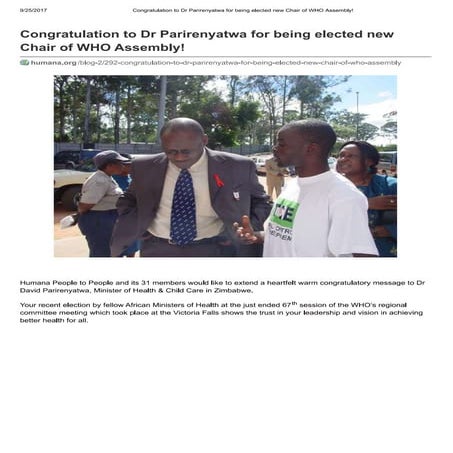 CONGRATULATION TO DR PARIRENYATWA FOR BEING ELECTED NEW CHAIR OF WHO ASSEMBLY!