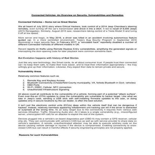 Connected vehicles: An Overview on Security, Vulnerabilities and Remedies