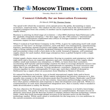 Connect Globally For An Innovation Economy, Nastas Article In Moscow Times